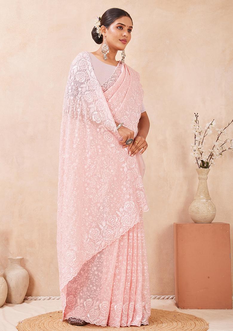 Dusty Pink Embroidery Georgette Saree Set - Indya