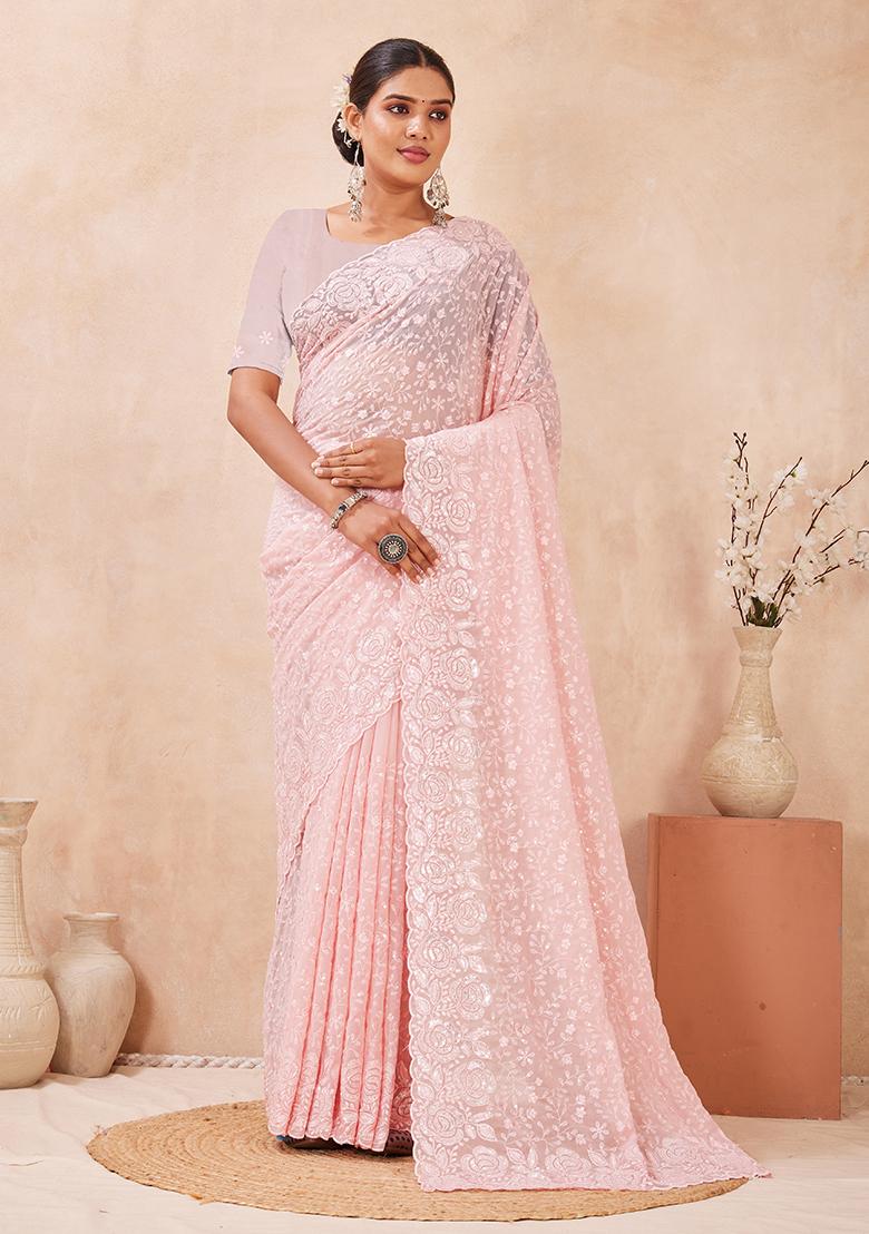Dusty Pink Embroidery Georgette Saree Set - Indya