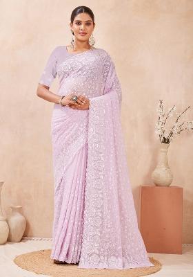 Dusty Lavnder Embroidery Georgette Saree Set