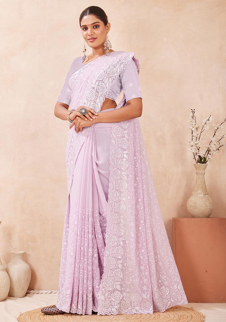 Dusty Lavnder Embroidery Georgette Saree Set - Indya
