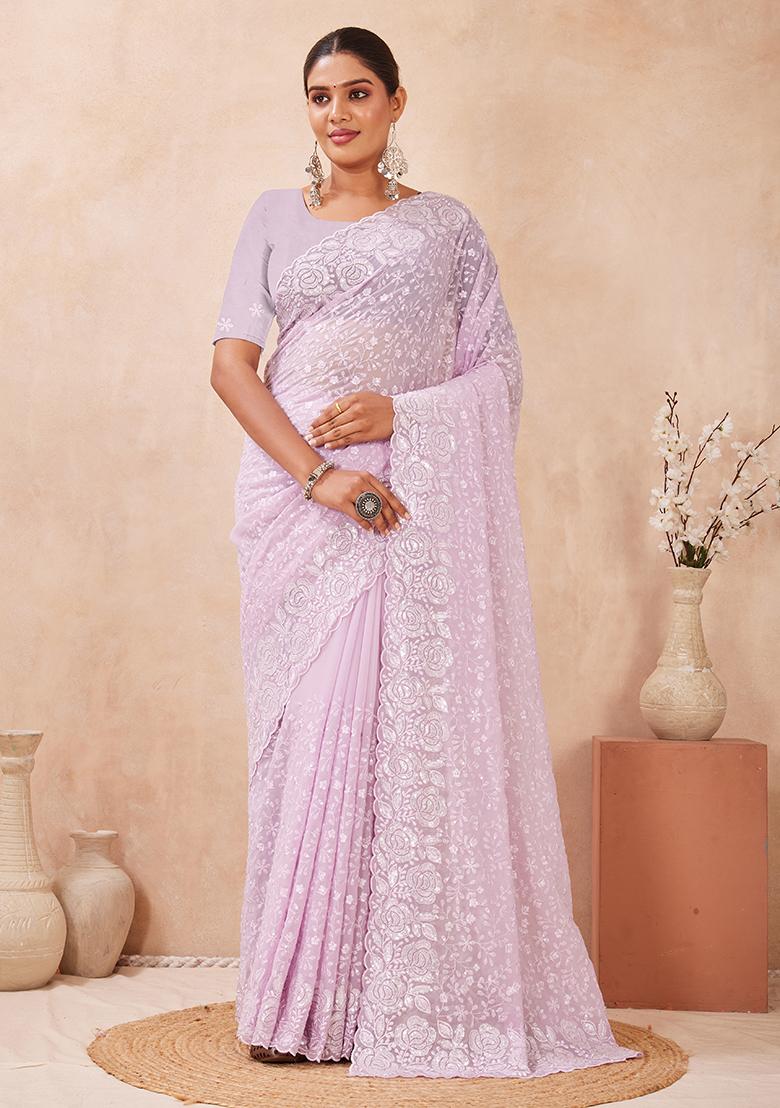 Dusty Lavnder Embroidery Georgette Saree Set - Indya