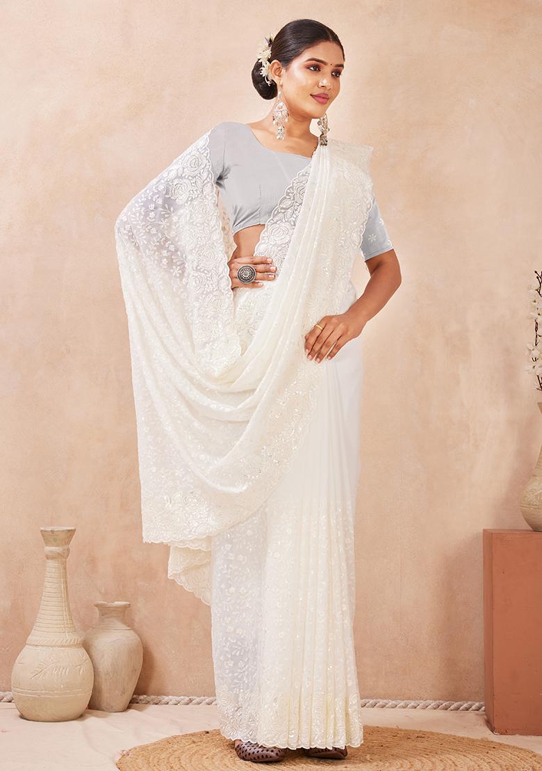 Off White Embroidery Georgette Saree Set - Indya