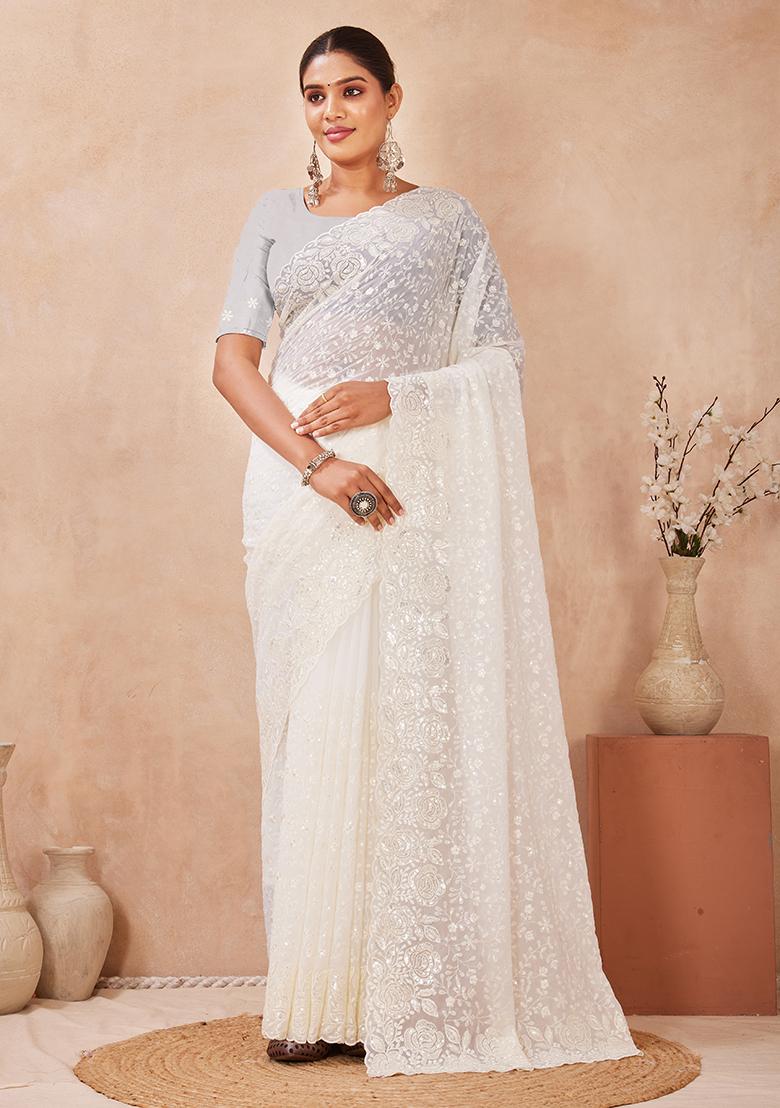 Off White Embroidery Georgette Saree Set - Indya