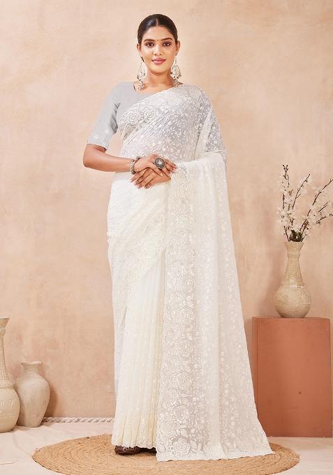 Off White Embroidery Georgette Saree Set
