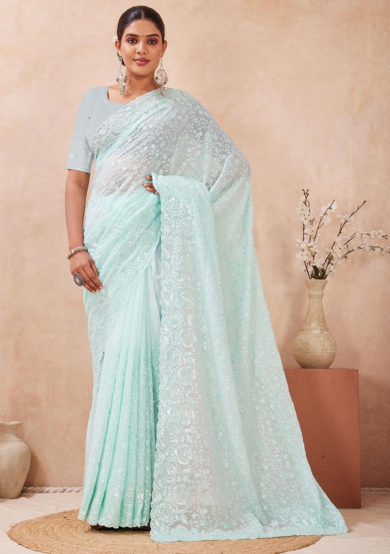 Dusty Sky Embroidery Georgette Saree Set - Indya