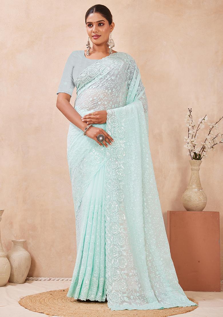 Dusty Sky Embroidery Georgette Saree Set - Indya