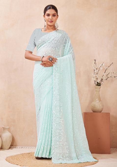 Dusty Sky Embroidery Georgette Saree Set