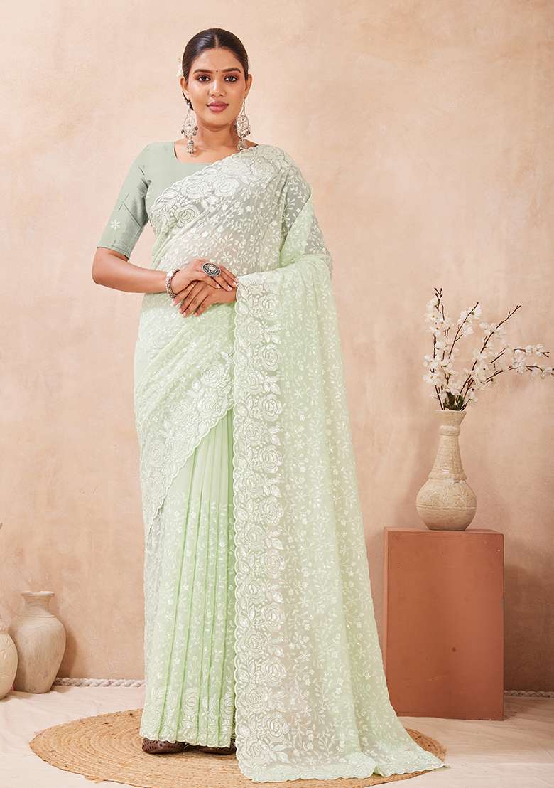Dusty Pista Embroidery Georgette Saree Set for Diwali and Festive Wear - Indya