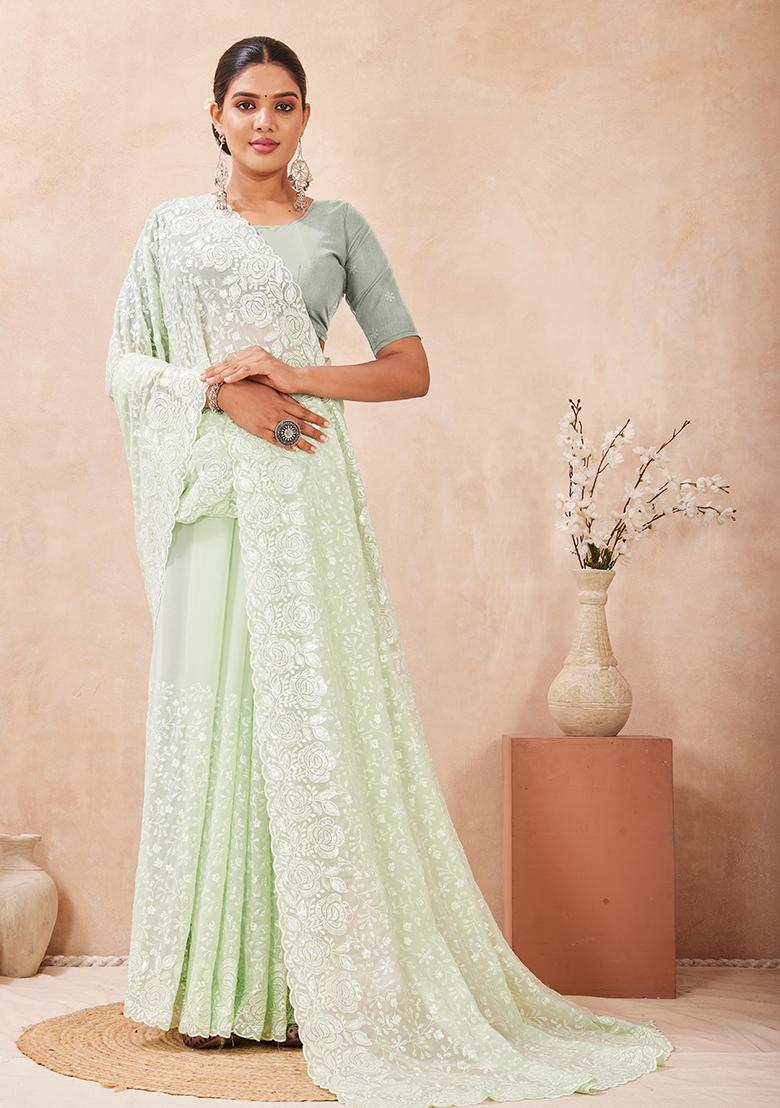 Dusty Pista Embroidery Georgette Saree Set - Indya