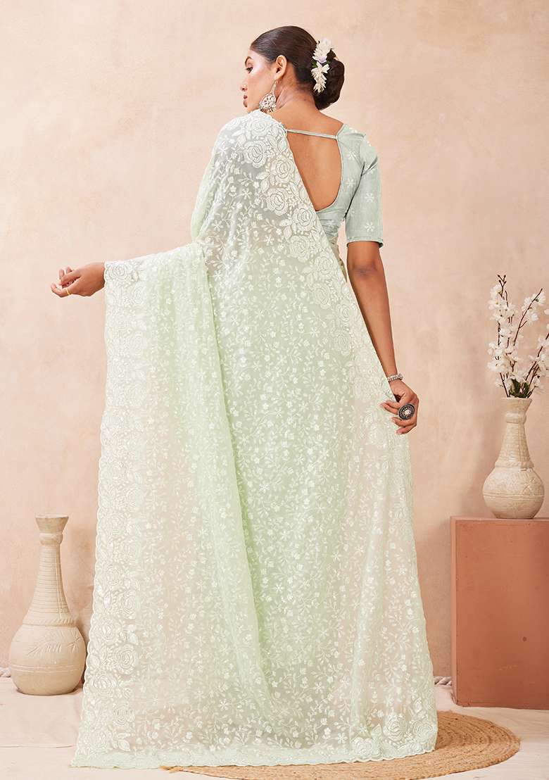 Dusty Pista Embroidery Georgette Saree Set for Diwali and Festive Wear - Indya