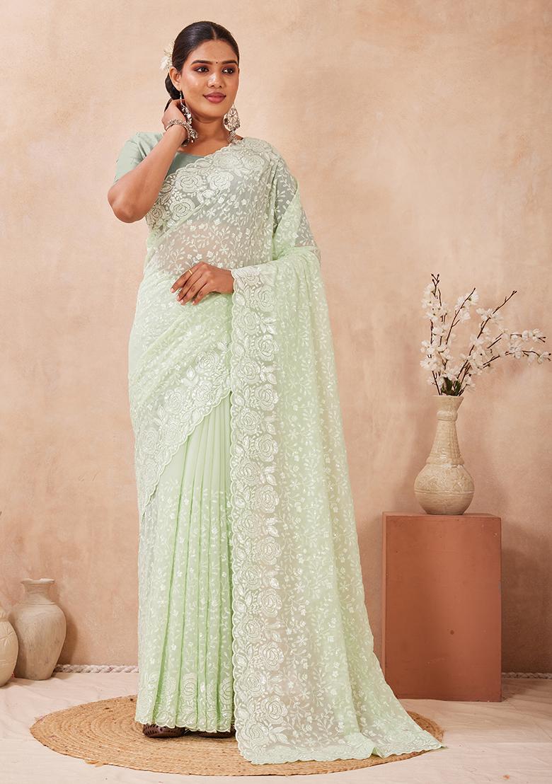 Dusty Pista Embroidery Georgette Saree Set - Indya