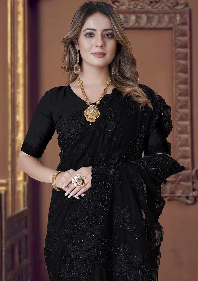 Black Embroidery Net Saree Set - Indya