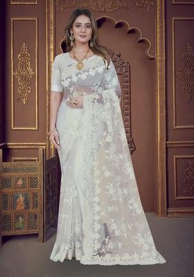 White Embroidery Net Saree Set