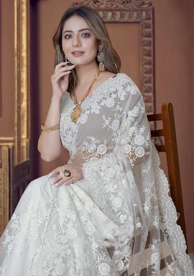 White Embroidery Net Saree Set - Indya