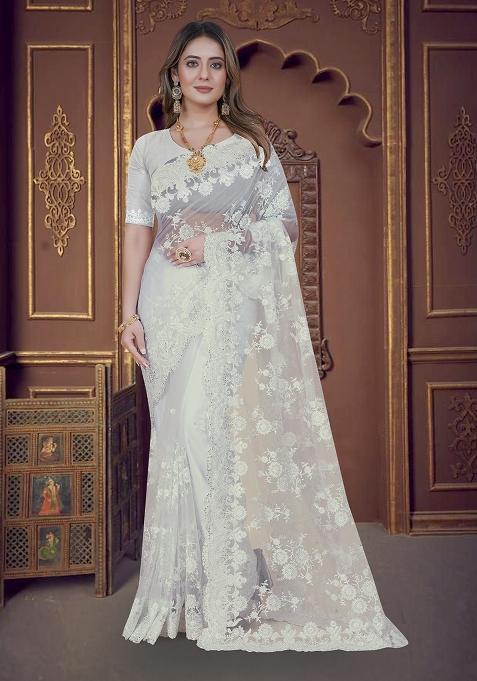 White Embroidery Net Saree Set
