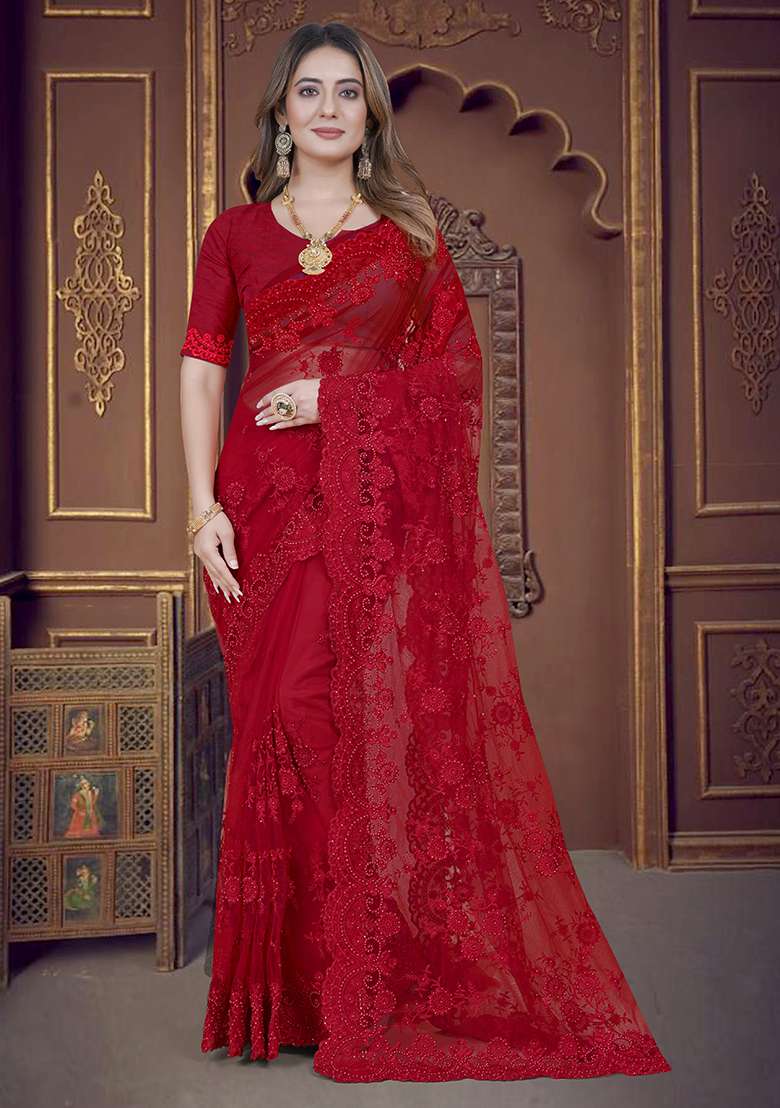Red Embroidery Net Saree Set for Diwali and Festive Wear - Indya
