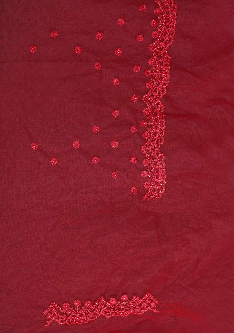 Red Embroidery Net Saree Set for Diwali and Festive Wear - Indya
