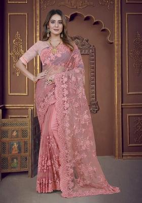 Dusty Gajari Embroidery Net Saree Set