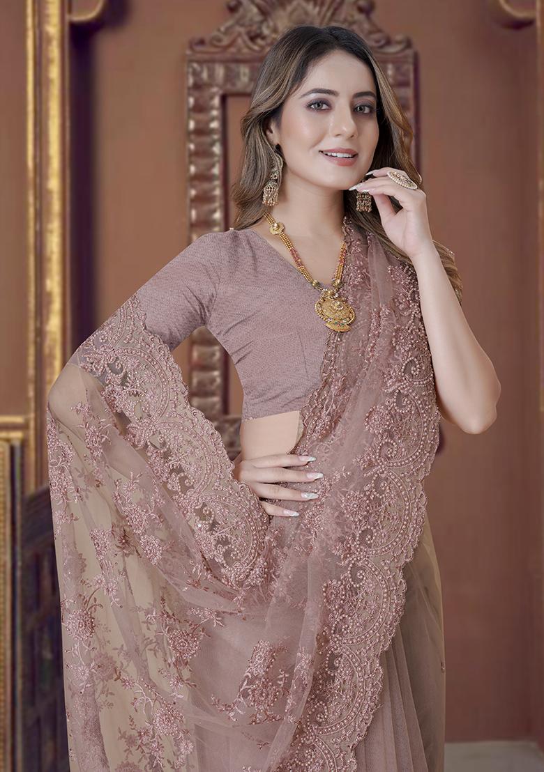 Lavender Embroidery Net Saree Set - Indya