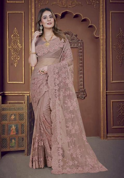 Lavender Embroidery Net Saree Set