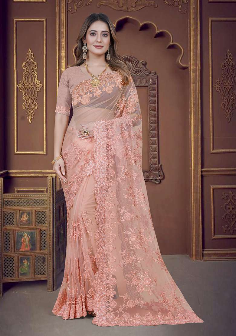 Dusty Peach Net Saree Set with Embroidery for Diwali | Wedding & Festive Wear - Indya