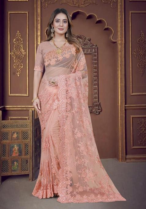 Dusty Peach Embroidery Net Saree Set