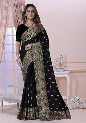 Black Embroidery Silk Saree Set