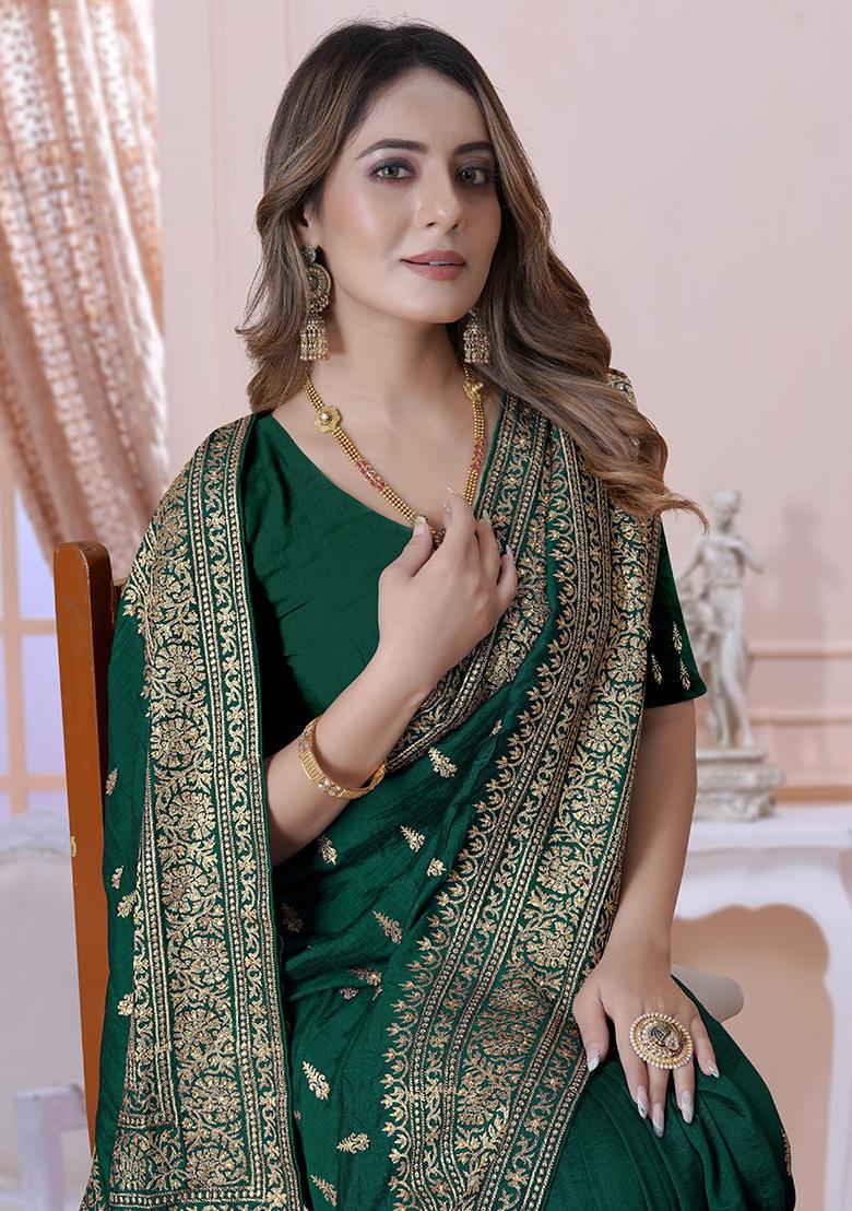 Botal Green Embroidery Silk Saree Set - Indya