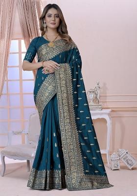 Morpeach Embroidery Silk Saree Set