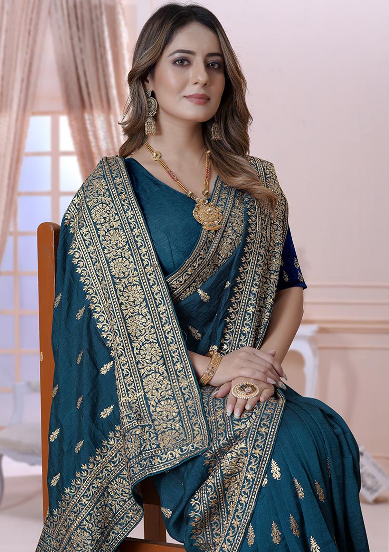 Morpeach Embroidery Silk Saree Set - Indya