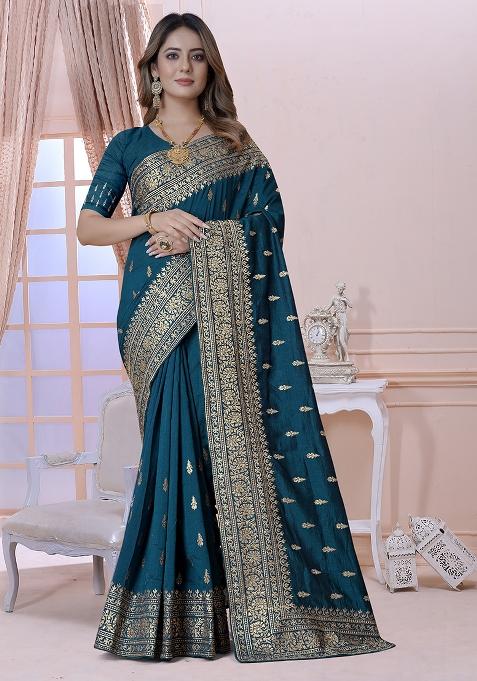 Morpeach Embroidery Silk Saree Set