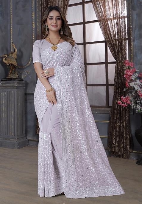Lavender Embroidery Georgette Saree Set