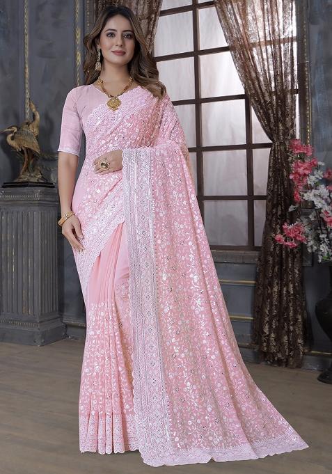 Dusty Pink Embroidery Georgette Saree Set