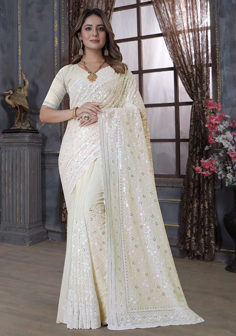 Lemon Yellow Georgette Saree Set with Embroidery for Diwali | Wedding & Festive Wear - Indya