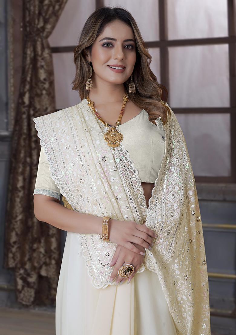 Lemon Yellow Embroidery Georgette Saree Set - Indya