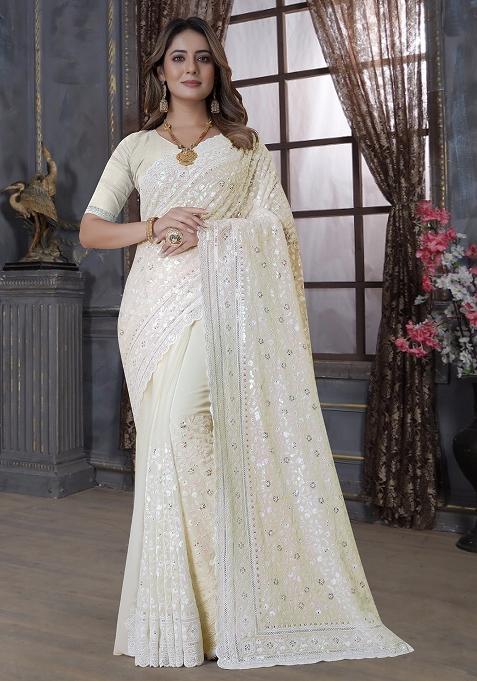 Lemon Yellow Embroidery Georgette Saree Set
