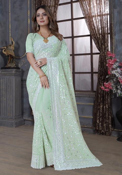 Pista Embroidery Georgette Saree Set