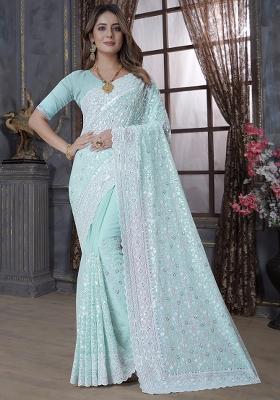 C Green Embroidery Georgette Saree Set
