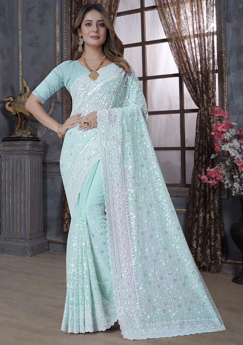C Green Georgette Saree Set with Embroidery for Diwali | Wedding & Festive Wear - Indya