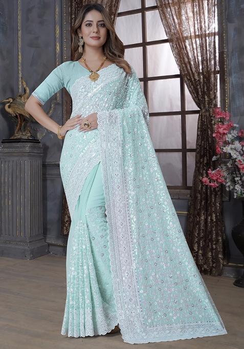 C Green Embroidery Georgette Saree Set