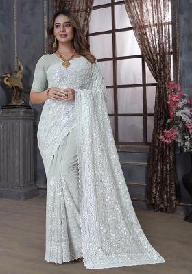 Dusty Pista Embroidery Georgette Saree Set