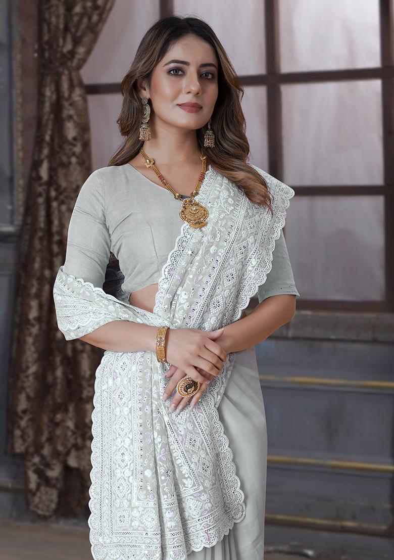 Dusty Pista Embroidery Georgette Saree Set - Indya