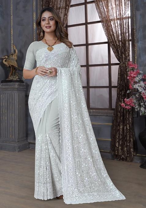Dusty Pista Embroidery Georgette Saree Set