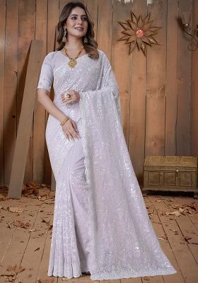 Lavender Embroidery Georgette Saree Set