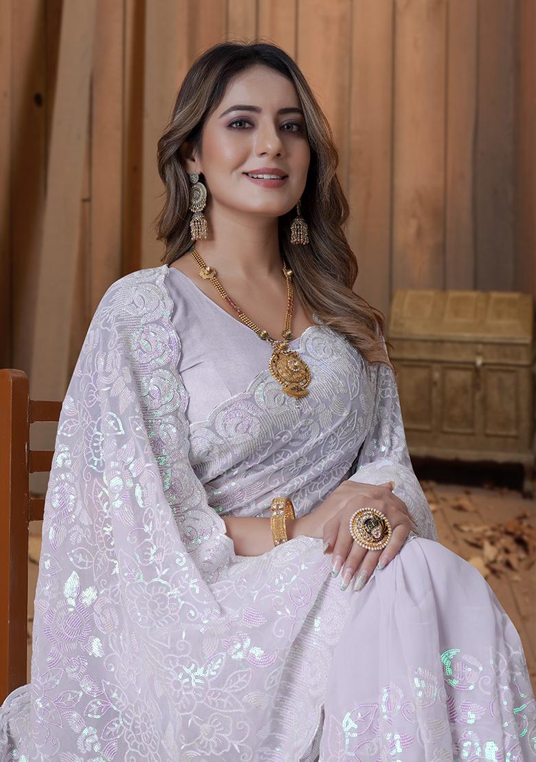 Lavender Embroidery Georgette Saree Set - Indya