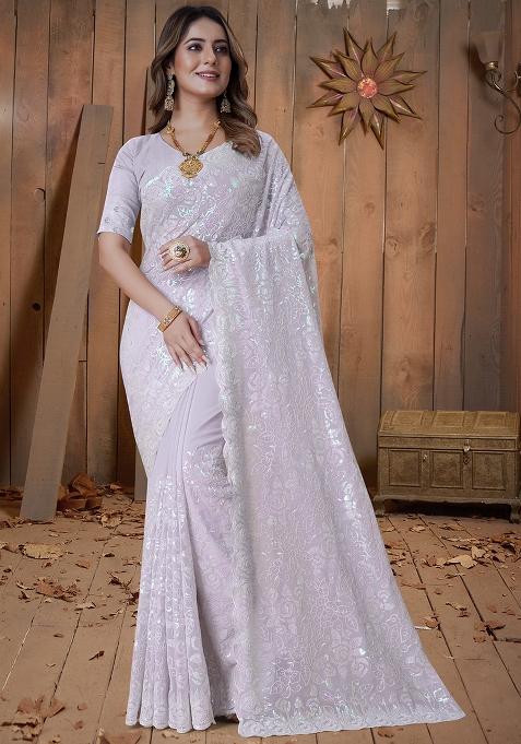 Lavender Embroidery Georgette Saree Set