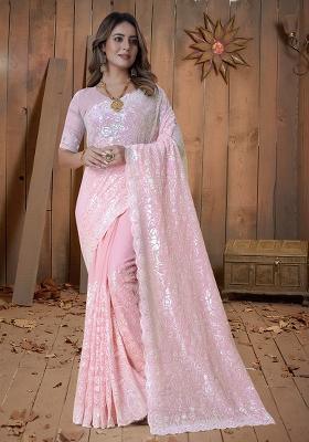 Dusty Pink Embroidery Georgette Saree Set