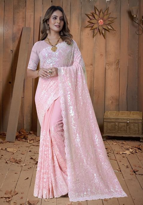 Dusty Pink Embroidery Georgette Saree Set