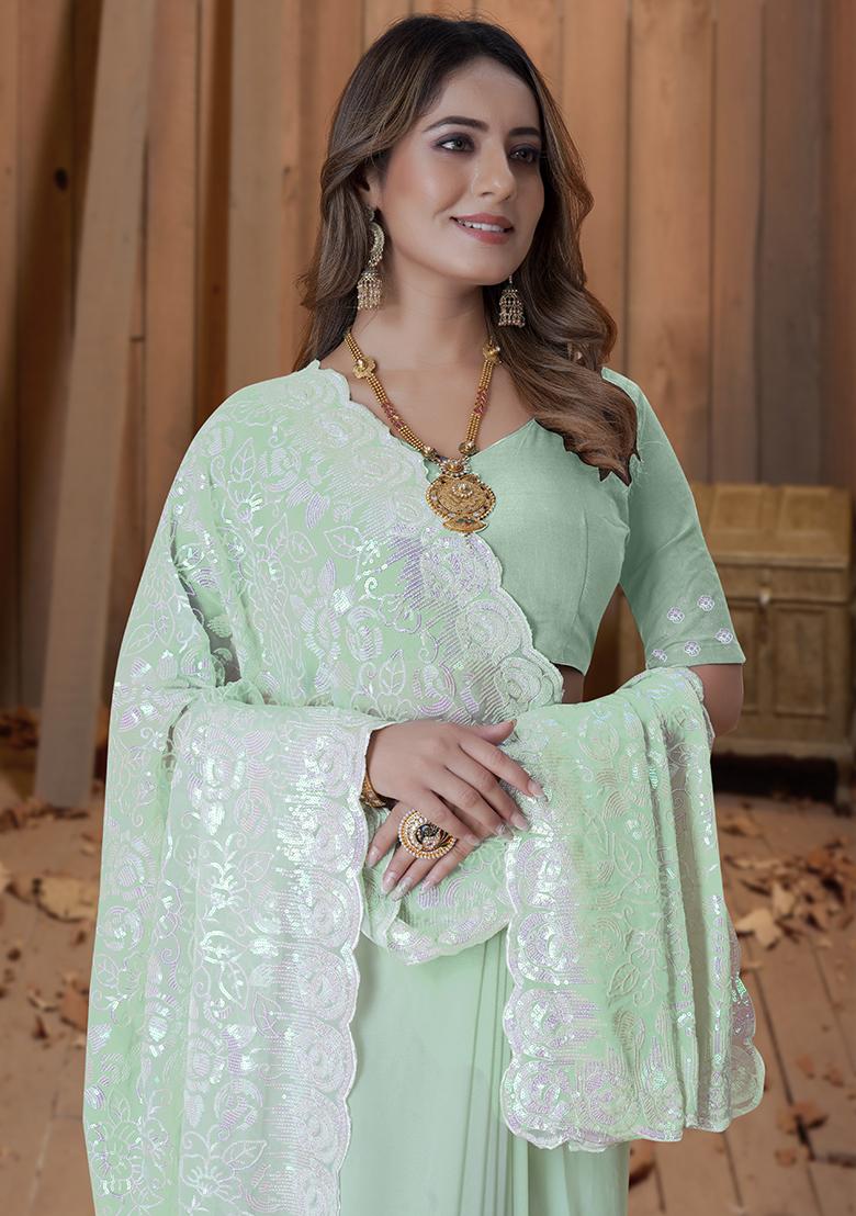 Pista Embroidery Georgette Saree Set - Indya