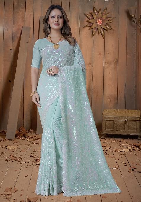 C Green Embroidery Georgette Saree Set